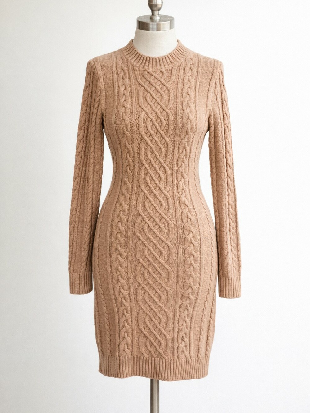 Cable Knit Sweater Dress Camel Tan | Chunky Textured Knit Cozy Cabincore | SMALL